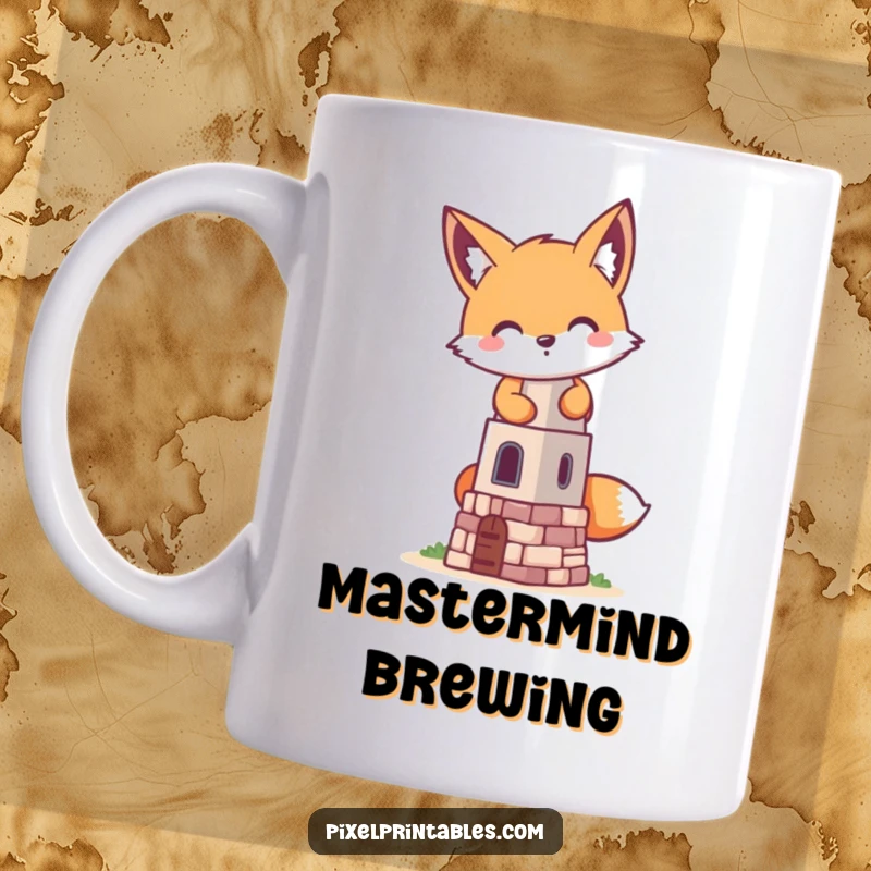 Funny pixelated fox mischievously building a tiny pixelated tower, a charming retro gaming design on a mug.
