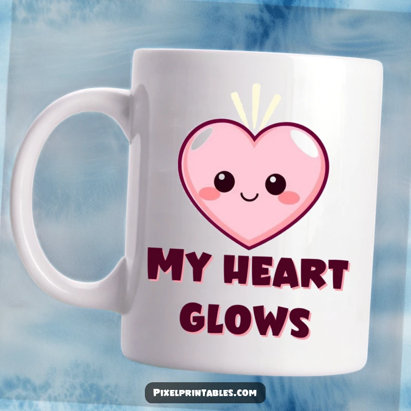 Funny Pixel Heart Mug, a smiling pixelated heart character pulsing with gentle, warm light, spreading love.