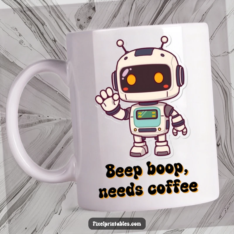 Funny Pixel Robot Mug featuring a cute, happy, pixelated robot waving hello with a friendly digital smile.