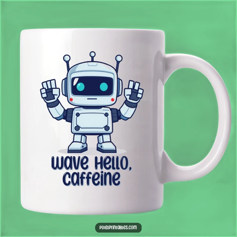 Funny Pixel Robot Waving Mug - Enthusiastic Retro Greeting Gift!