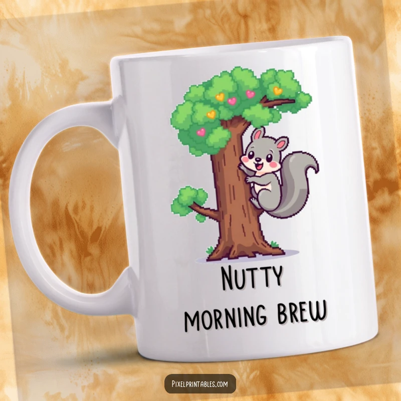 Funny Pixel Squirrel Mug: Cheerful pixelated squirrel climbing a pixel tree, retro pixel art design.