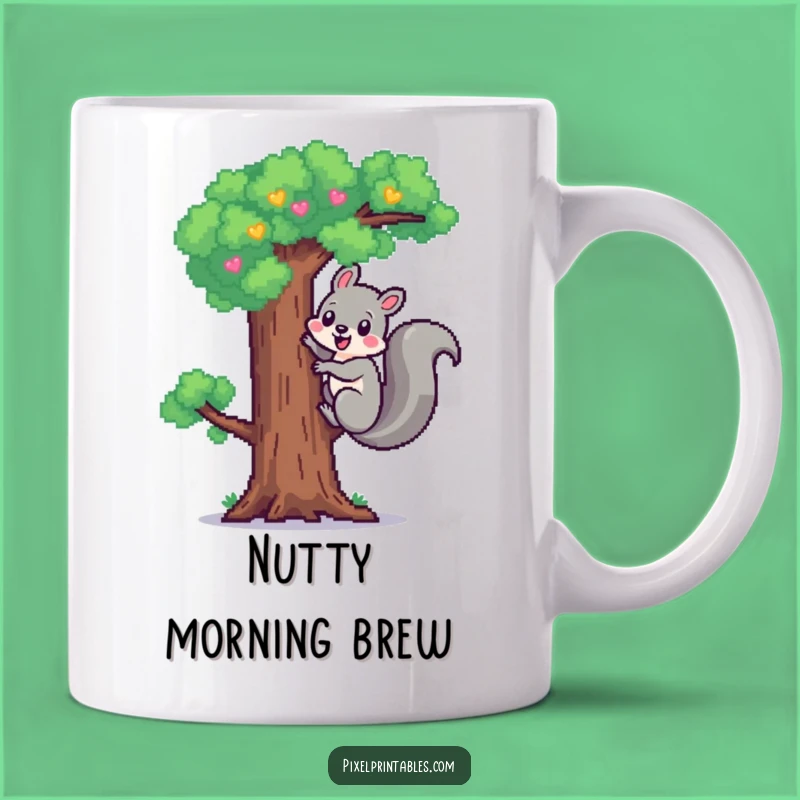 Funny Pixel Squirrel Mug: Cheerful Climb, Pixel Tree Coffee Gift