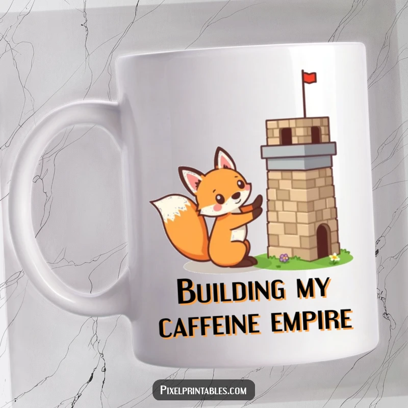 Funny pixelated fox building a tiny pixelated tower, mischievous expression, retro pixel art, gamer mug.