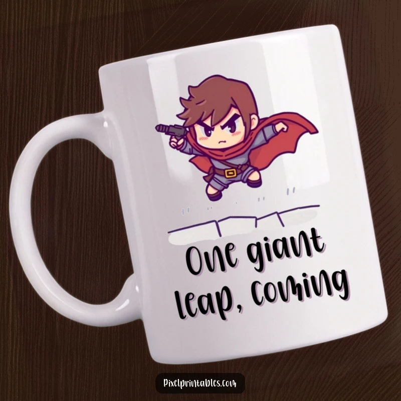 Funny mug showcasing a determined pixelated hero mid-leap, ready for epic quests and gaming sessions, a perfect funny gift.