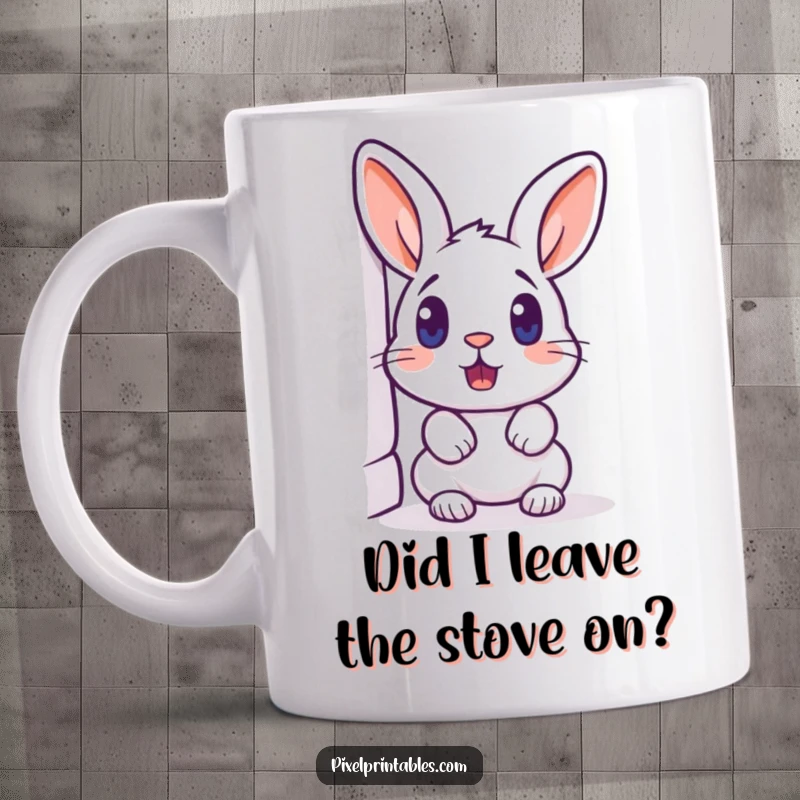 Funny pixelated rabbit peeking around a corner, surprised expression, retro video game art, pixel art mug.