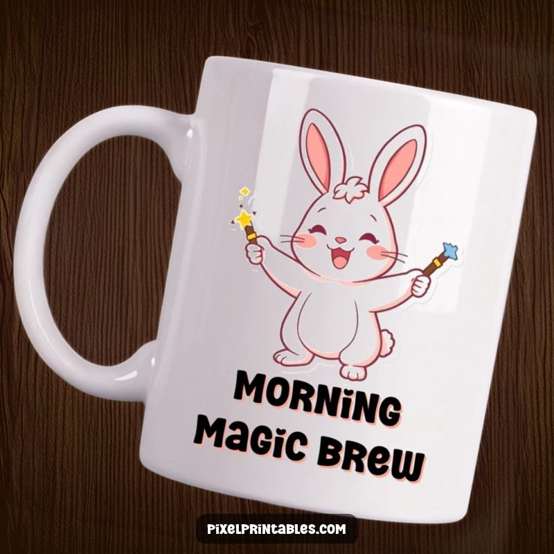 Funny mug featuring a cheerful rabbit character happily waving a pixelated magic wand, casting sparkles of joy.