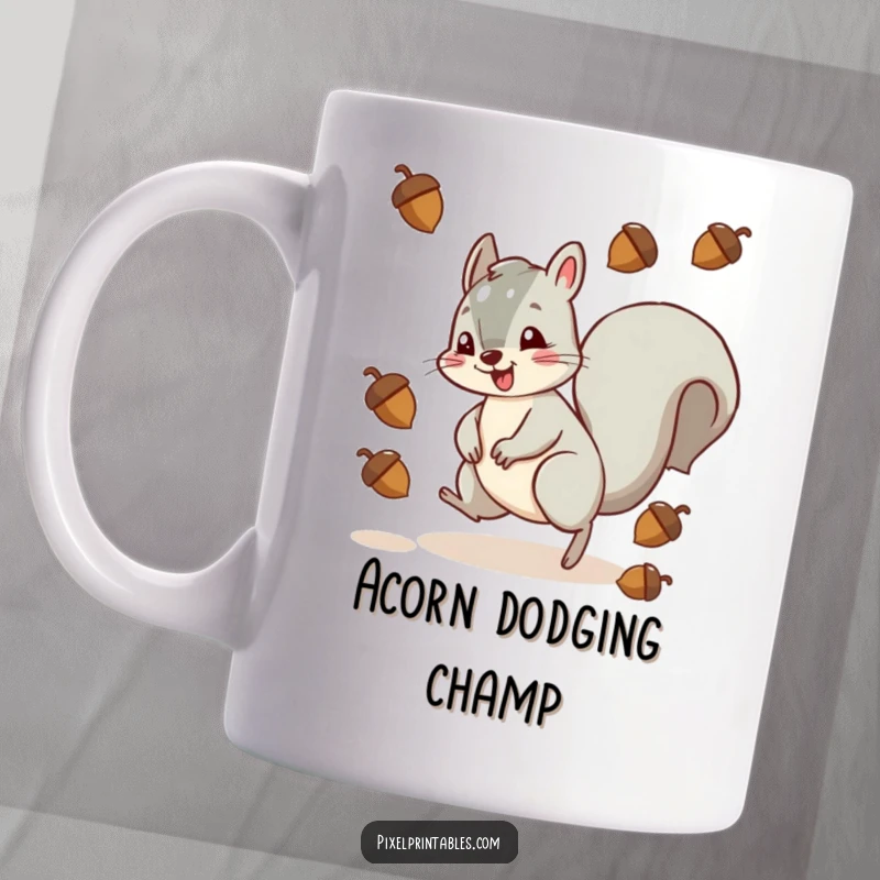 Funny squirrel character in a pixelated world, hilariously dodging falling acorns, perfect for retro gaming fans.