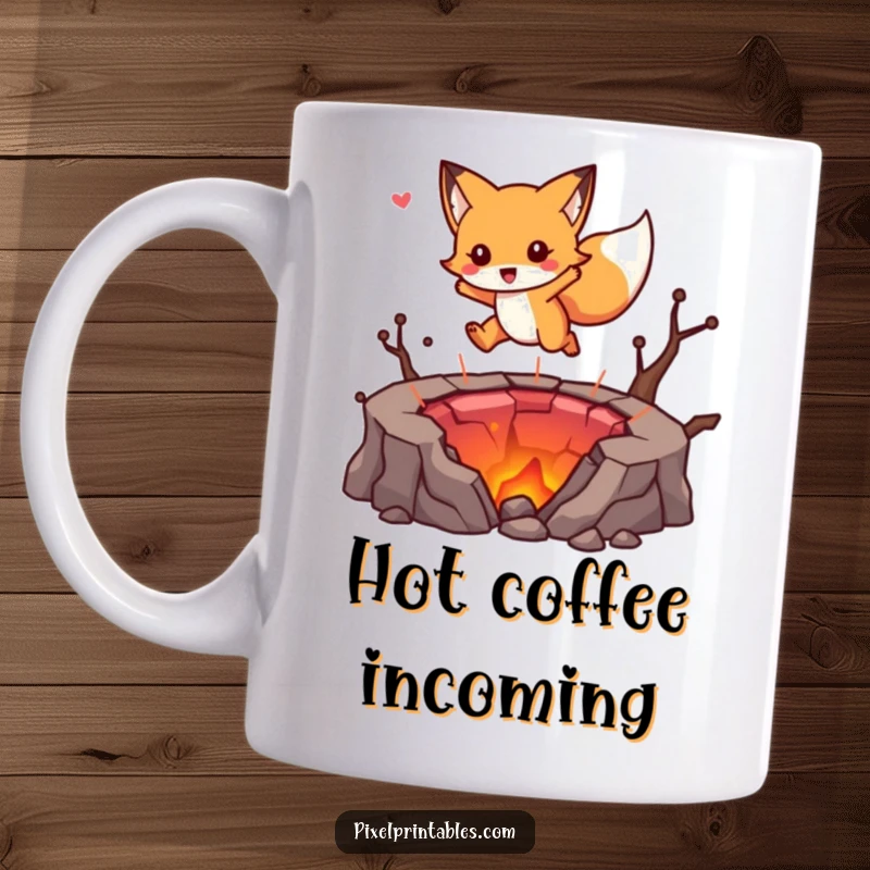 Funny mug featuring a cute fox character leaping courageously over a pixelated lava pit, evoking retro video game vibes.