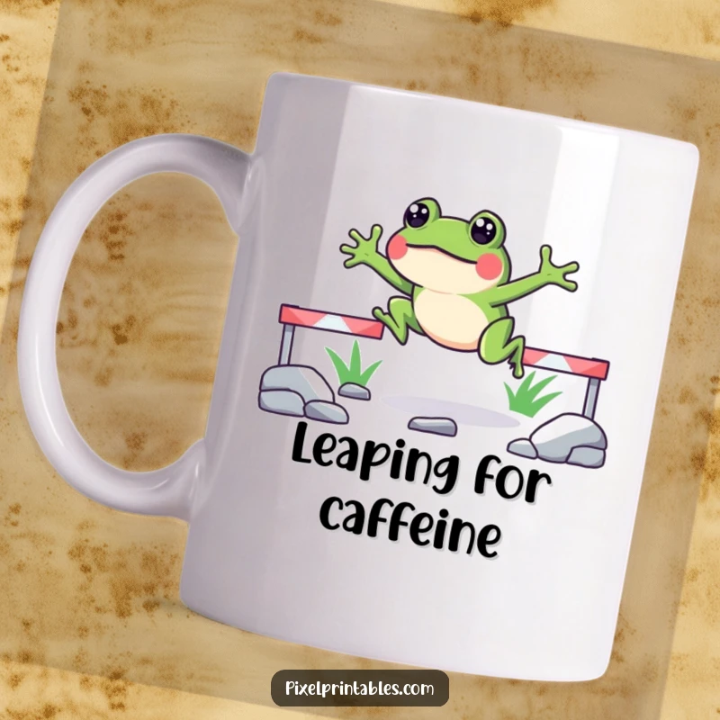 Funny pixelated frog mug showcasing a cheerful frog mid-jump over pixelated obstacles, embodying fun and retro gaming.