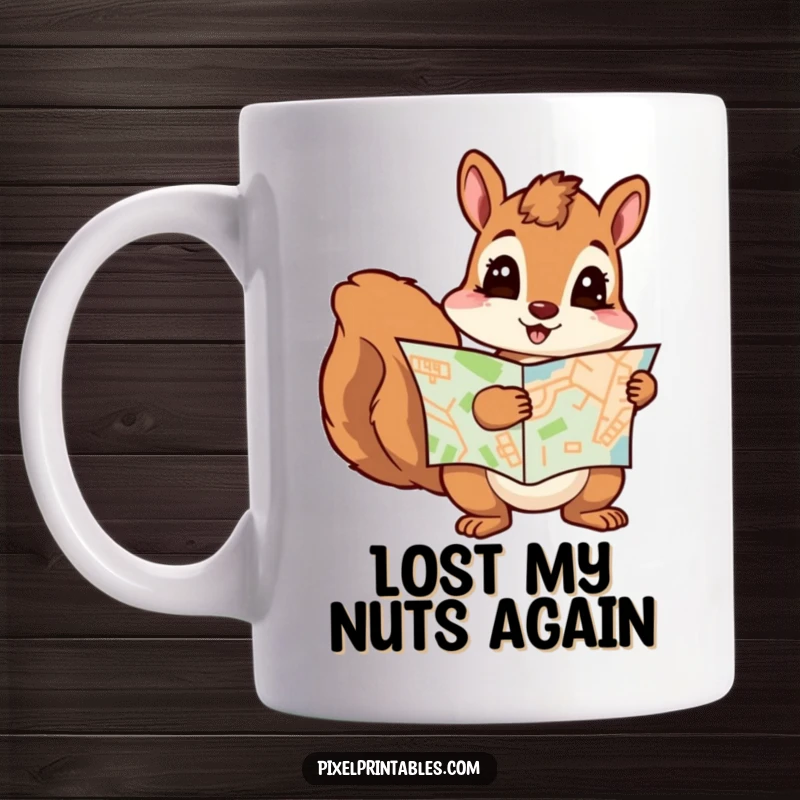 Funny squirrel clutching a pixelated map, looking curious. Hilarious gift item for gamers and adventurers.
