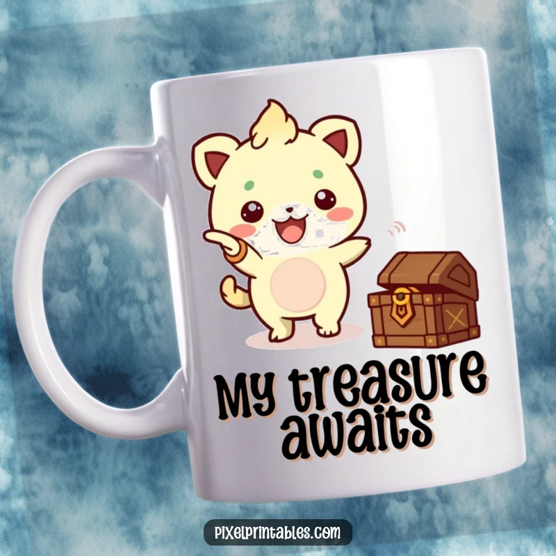 Funny Pixel Treasure Mug, a cute pixelated creature enthusiastically pointing towards a sparkling treasure chest.