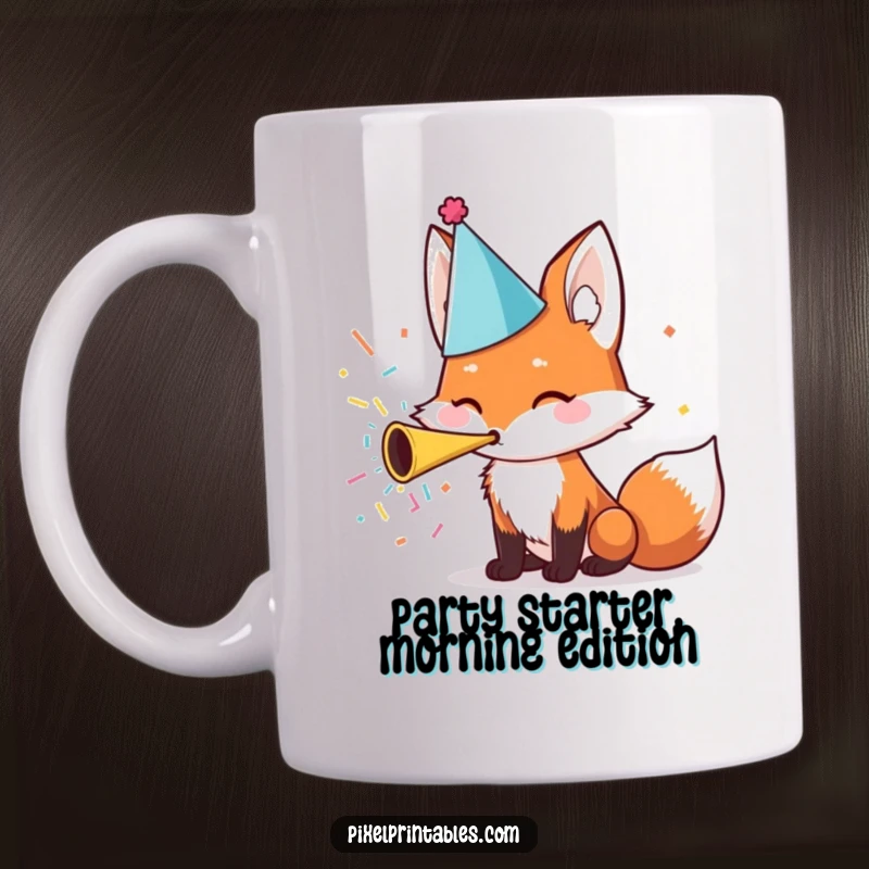 Funny Mug: A cute fox wearing a party hat gleefully blows a confetti horn, spreading party cheer.