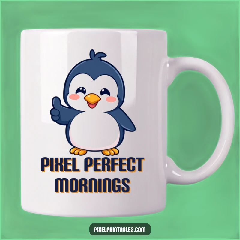 Funny Pixel Penguin Thumbs Up Mug: Retro Game Character, Perfect Funny Gift
