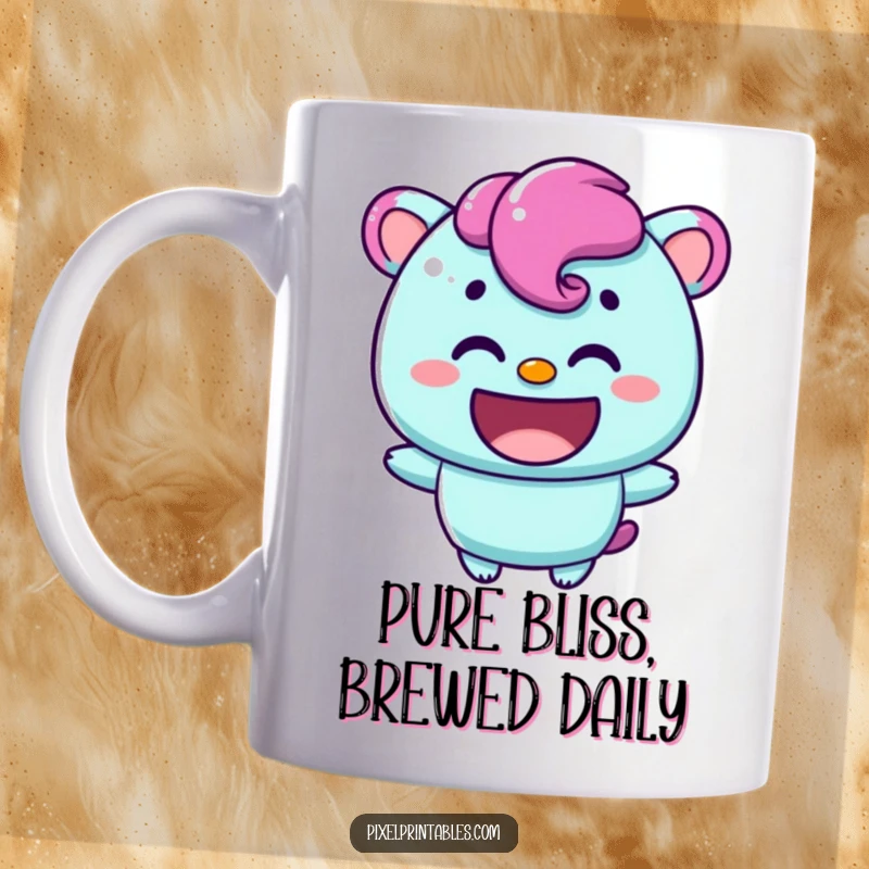 Funny mug showcasing a content pixelated character with a warm, inviting smile, radiating happiness and charm.