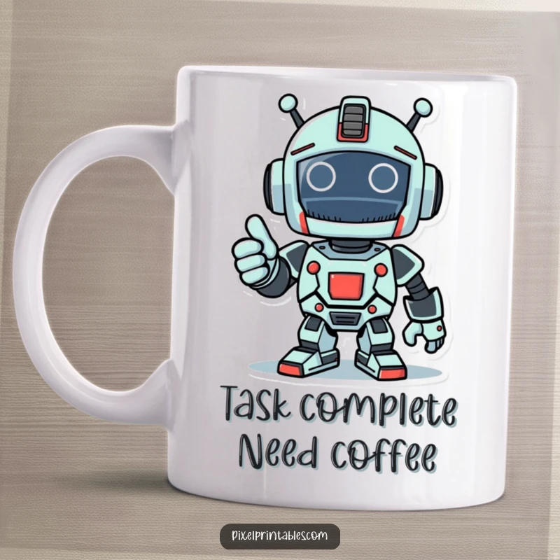 Funny mug featuring a happy pixelated robot giving an enthusiastic thumbs-up, celebrating success.