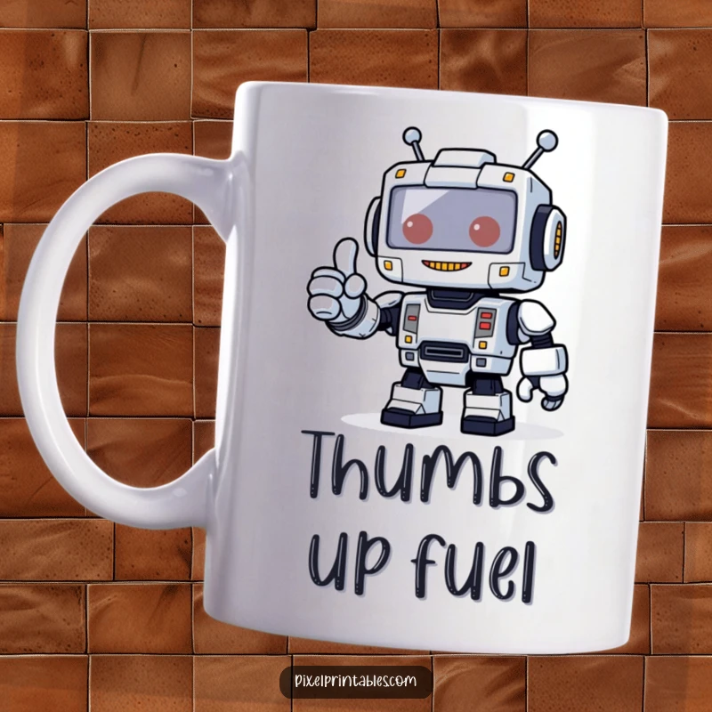 Funny mug featuring a blocky, pixelated robot with a friendly expression giving a clear thumbs up.