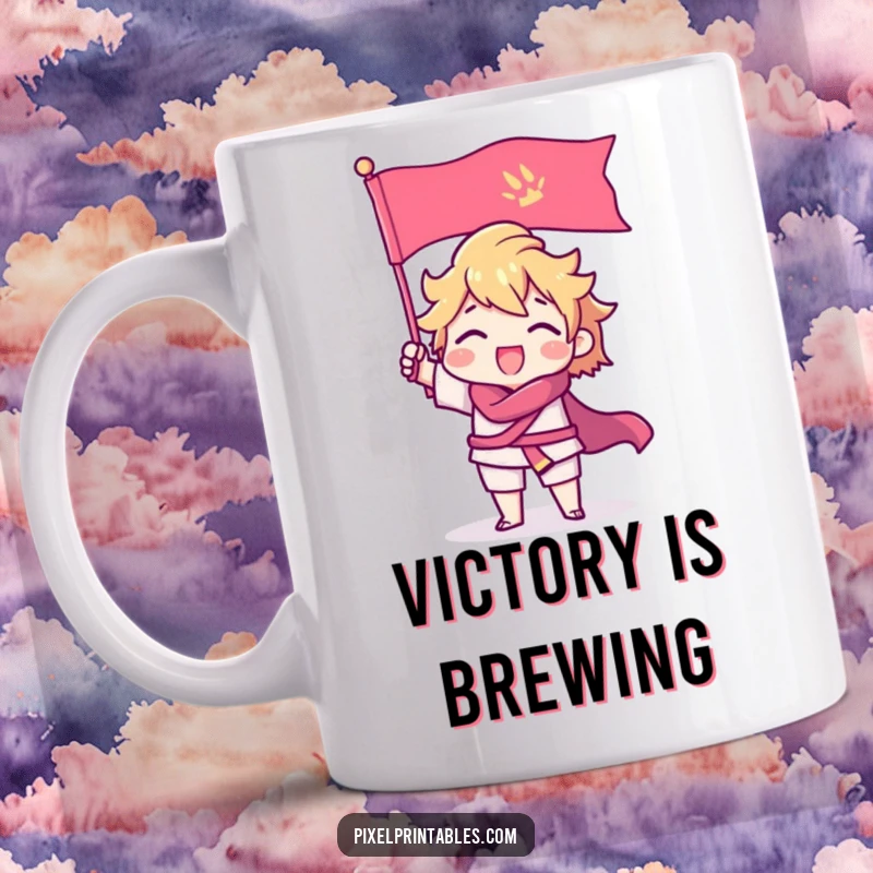 Funny Mug featuring a triumphant pixel character with sharp edges raising a pixel flag, celebrating a digital victory.