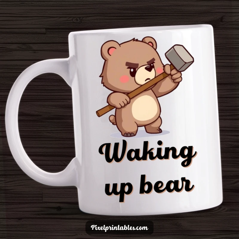Funny mug featuring a determined pixelated bear wielding a tiny pixelated hammer, exuding focus and retro DIY spirit.