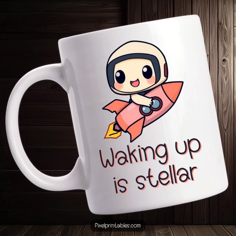 Funny mug with a happy pixel character composed of geometric forms joyfully riding a pixelated rocket through a starry cosmos.