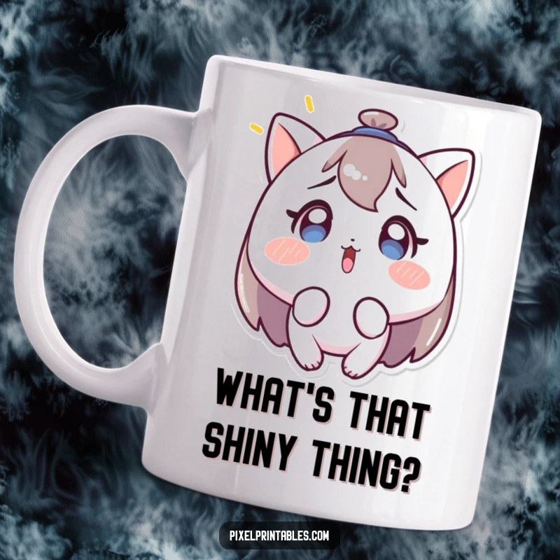 Funny mug featuring a character looking surprised and bewildered at a blinking light, capturing a moment of confusion.