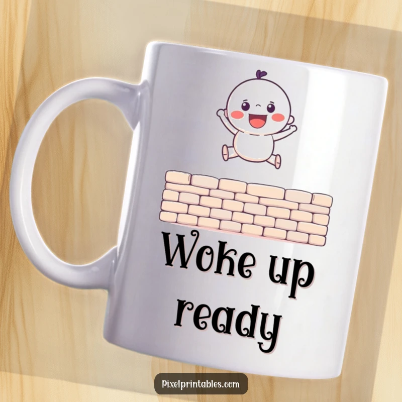 Funny Mug of a gleeful character in pixel art style, joyfully leaping over a pixelated wall, evoking retro gaming nostalgia.