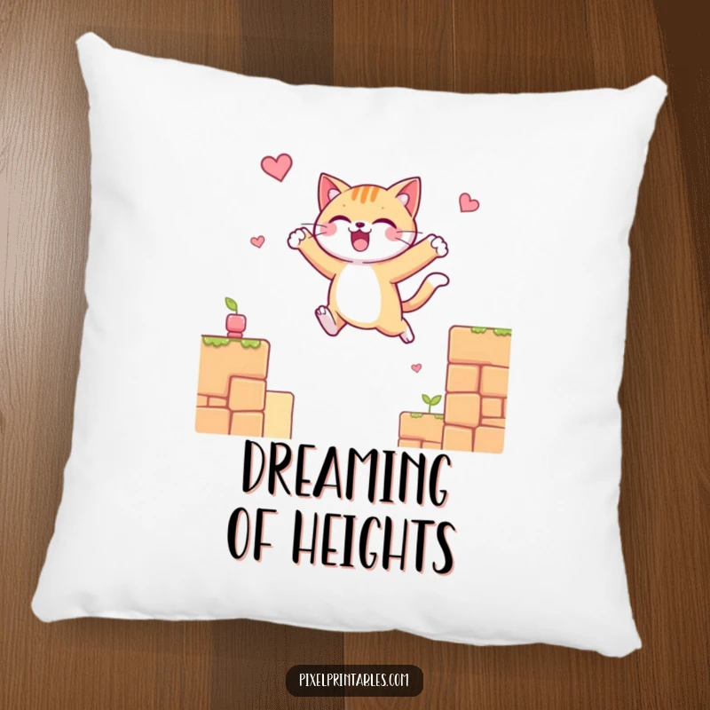 Funny pillow with a cheerful cat leaping between pixelated platforms, perfect for adding comfort and gaming flair.