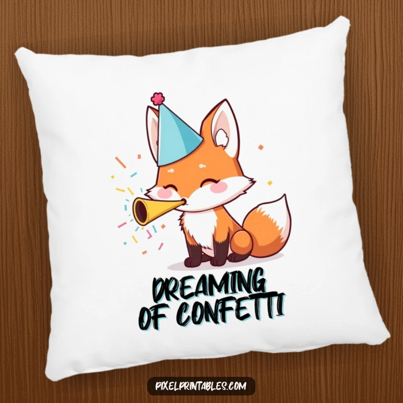 Funny Pillow: A cute fox wearing a party hat blows a confetti horn, adding a touch of festive cheer.
