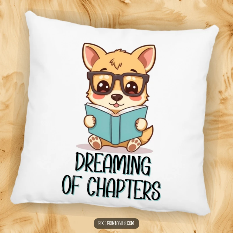 Funny pillow displaying a silly dog character wearing pixelated glasses and reading a book, offering soft humor and a nerdy canine touch.