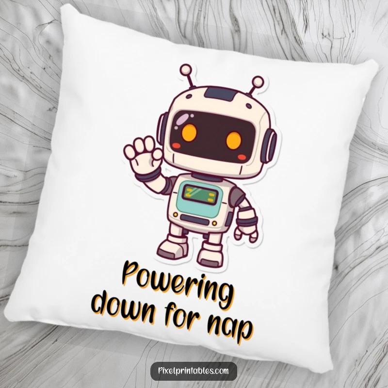 Funny Pixel Robot Pillow featuring a happy, pixelated robot waving, perfect for adding comfort and a retro touch to any space.