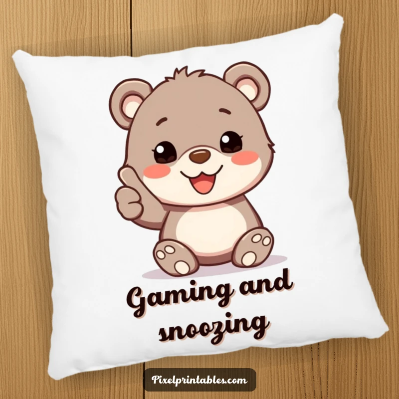 Funny Pillow: A happy bear cub with pixelated fur gives a thumbs up, adding a touch of comfort and humor.