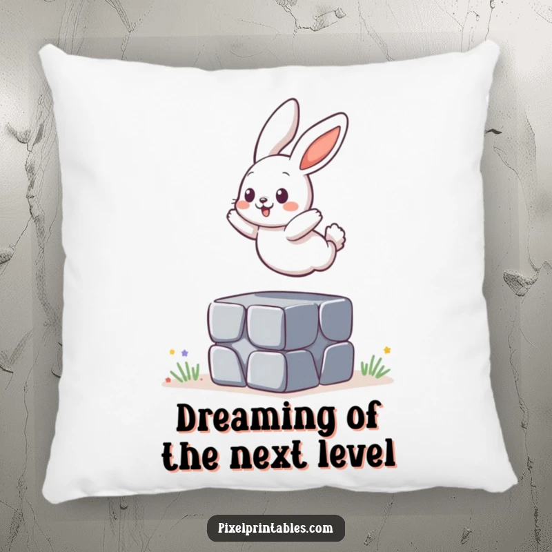 Funny Pillow: A playful bunny jumping over a pixelated block, adding a touch of comfort and whimsical fun.