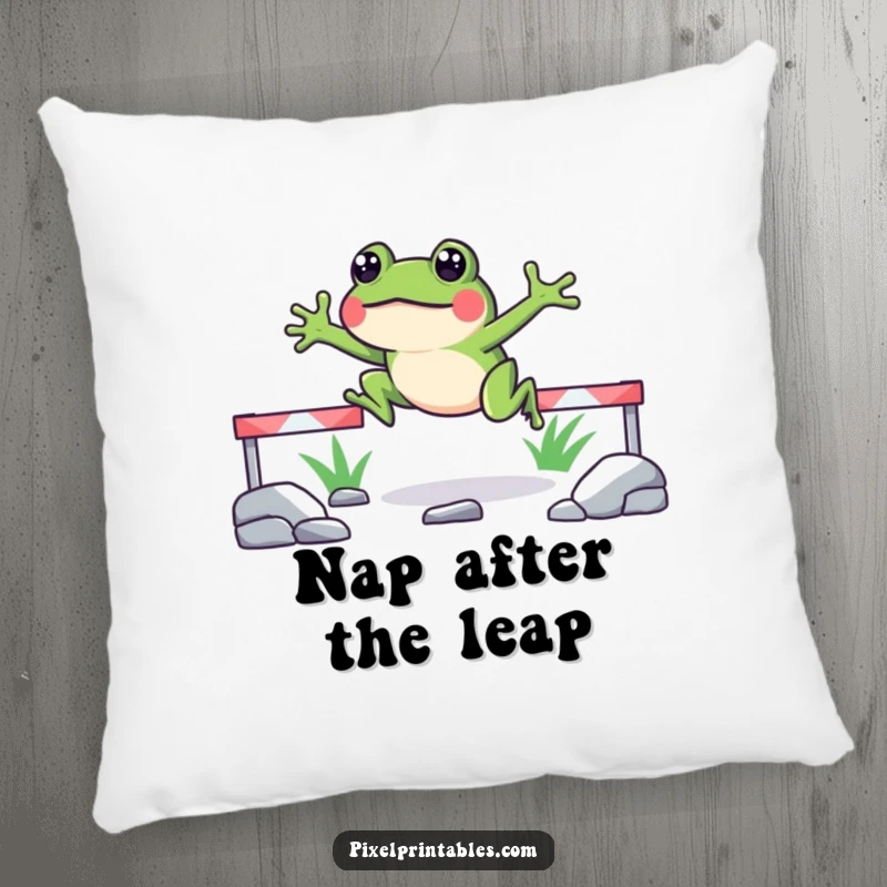 Funny pixelated frog pillow featuring a cheerful frog jumping over pixelated obstacles, perfect for cozy gaming sessions.