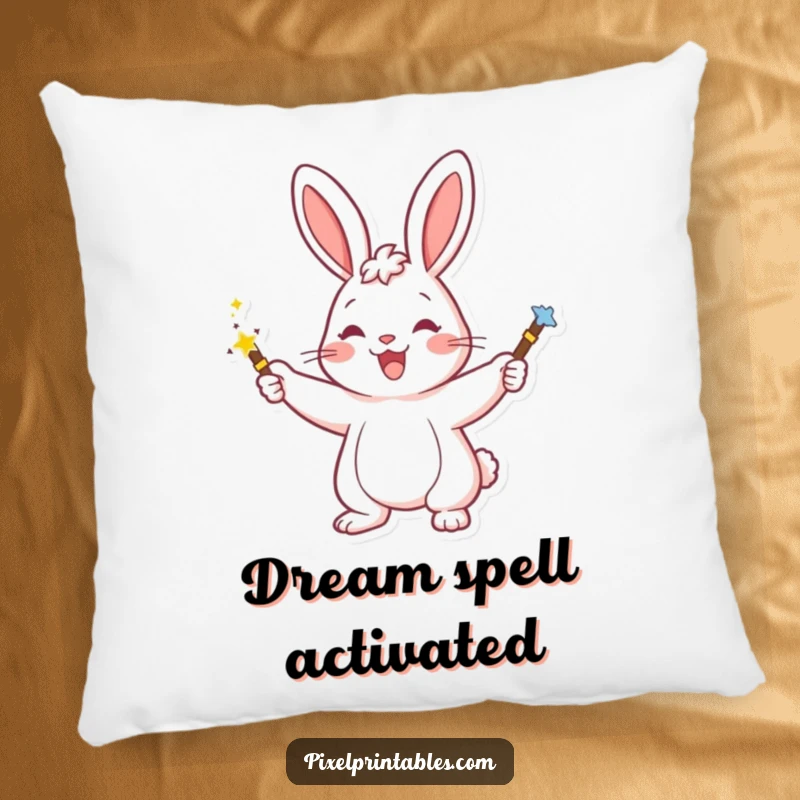 Funny pillow featuring a happy rabbit character casting pixelated magic, offering comfort and a touch of whimsical enchantment.