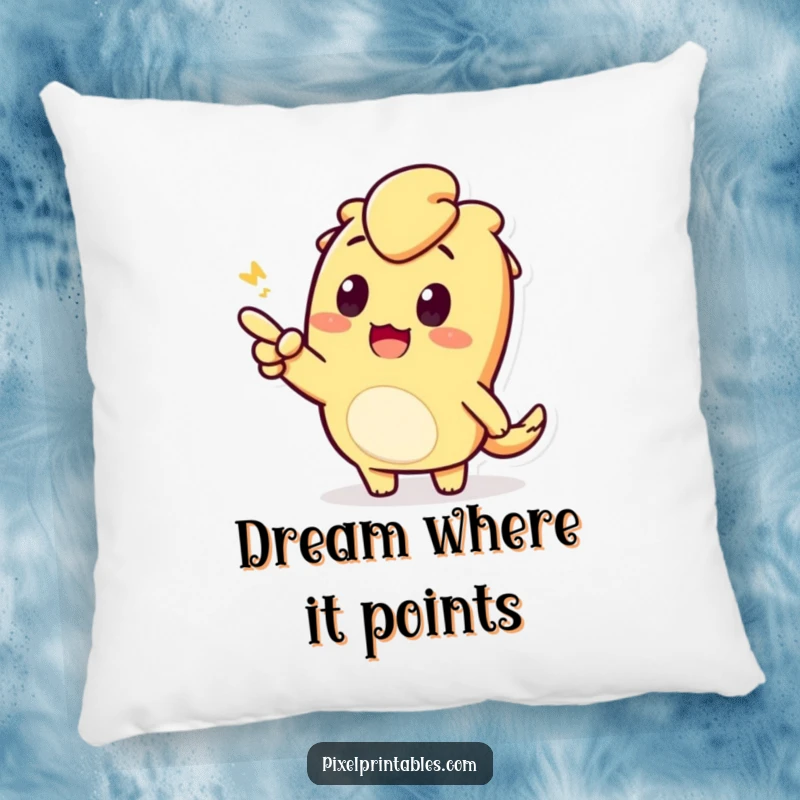 Funny pillow with a pixelated character pointing enthusiastically. Soft, comfortable, and sparks curiosity.