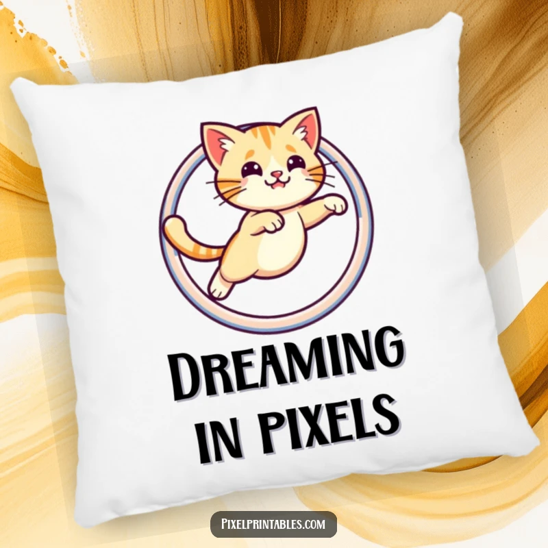 Funny throw pillow featuring a pixelated cat leaping through a pixelated hoop, offering comfort with a nostalgic, humorous twist.