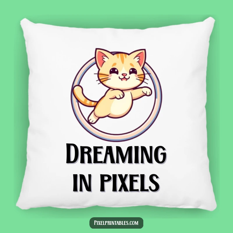 Funny Throw Pillow: Pixel Cat Hoop Jump, Cozy Retro Humor Gift!
