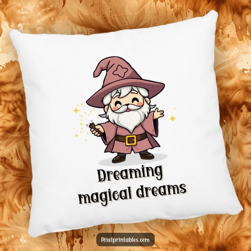 Funny blocky wizard character casting a sparkly spell, soft decorative pillow, fantasy pixel art comfort.