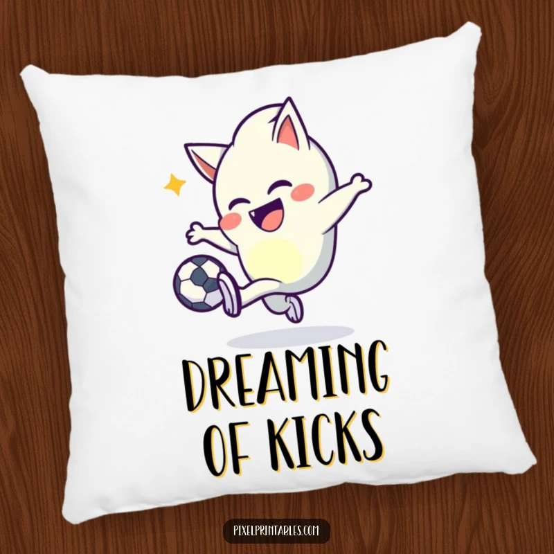Funny pixel kicker pillow with a mischievous character with pointed pixels joyfully kicking a pixel ball, offering plush comfort.