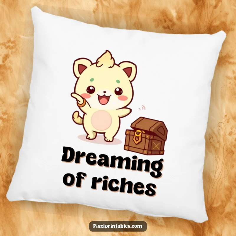 Funny Pixel Creature Treasure Pillow, a cute pixelated creature pointing at a treasure chest, for cozy relaxation.