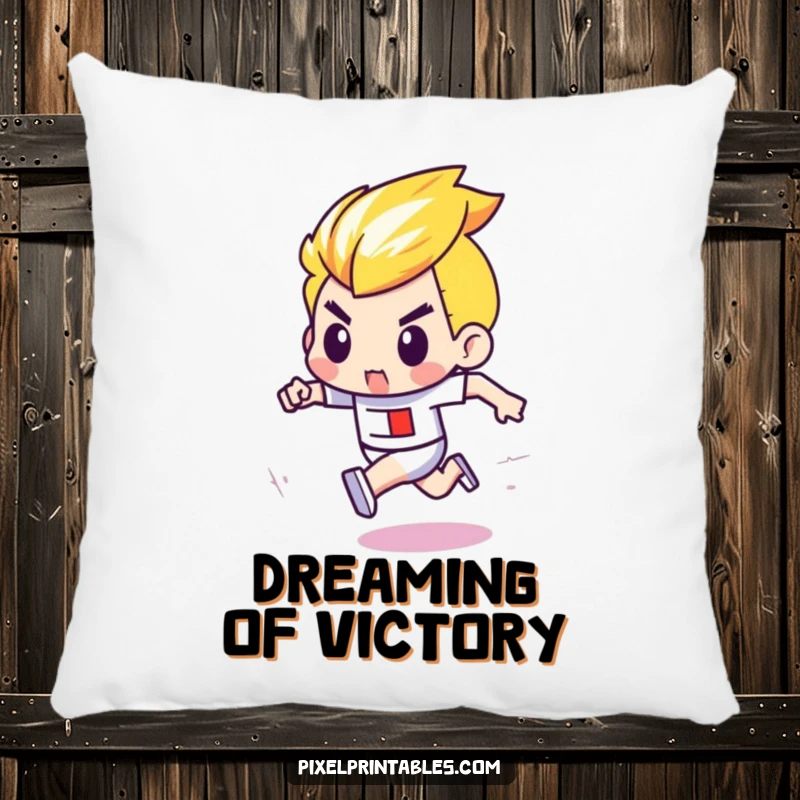 Funny pillow with a determined pixel character with bold outlines running a pixel race, offering comfort and retro gaming flair.