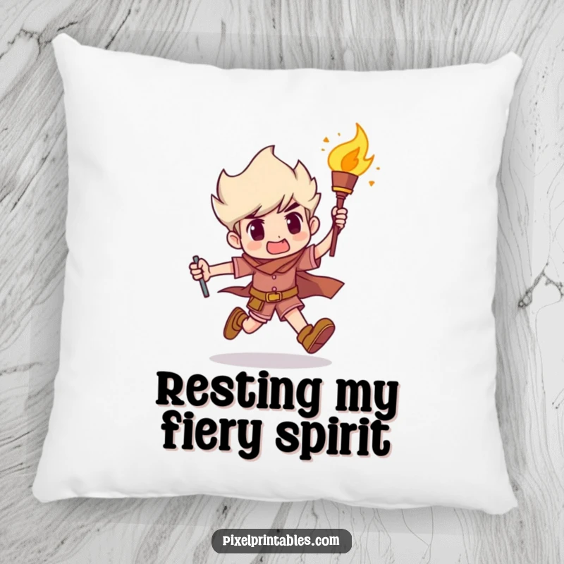Funny Pillow: Depicts a character running with a torch, bringing humor and a spirit of accomplishment to any cozy space, a funny gift.