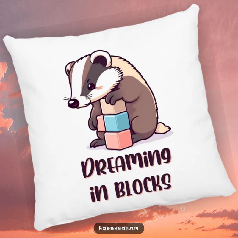 Funny badger character stacking pixelated cubes, soft pillow. Adorable funny gift for any room.