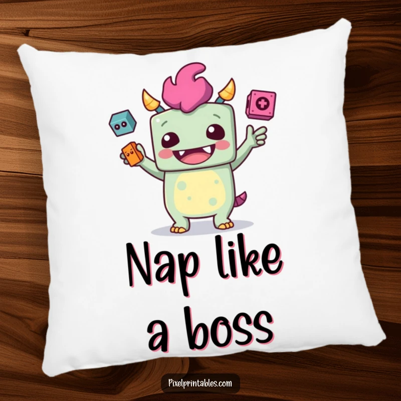Funny pillow with a giggling, blocky monster juggling pixelated items, offering comfy and geeky support.