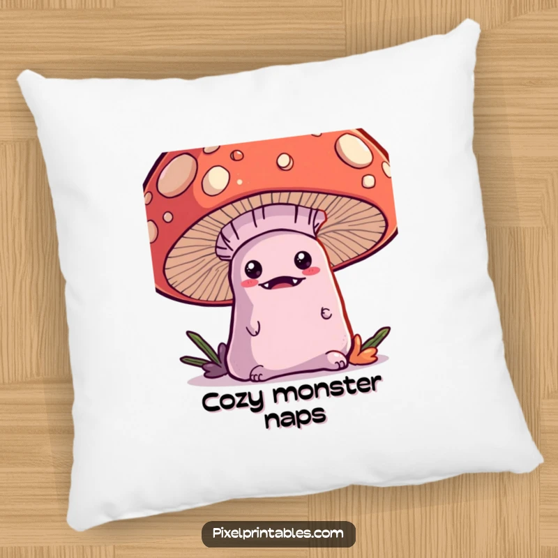 Funny Kawaii Monster Pillow, a cute monster peeking from behind a pixel mushroom, soft and cuddly.