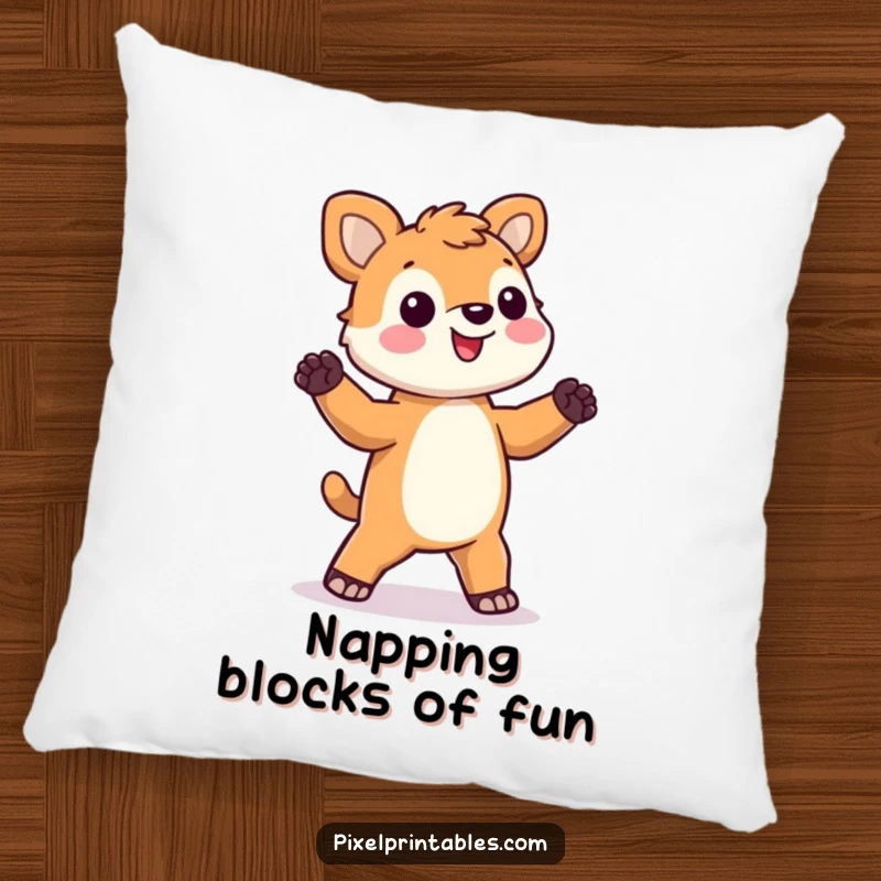 Funny pixel animal pillow with a happy, blocky animal illustration dancing silly, perfect for cuddles and playful decor.