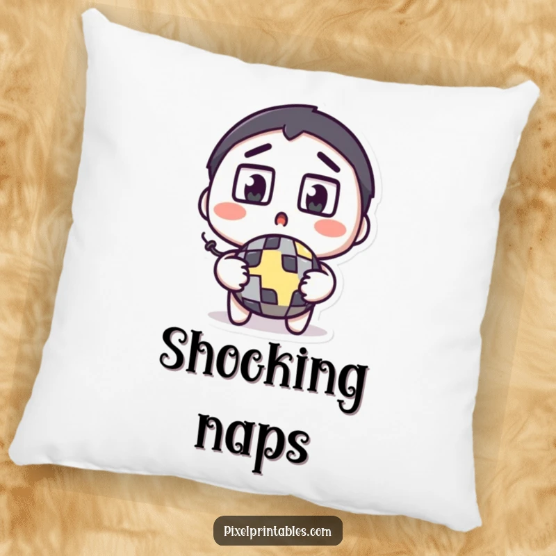 Funny pixel bomb pillow with a surprised character, square eyes wide, holding a pixelated bomb, offering plush comfort.
