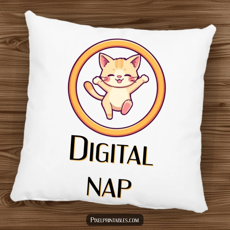 Funny pillow with a pixelated cat leaping through a hoop, perfect for adding retro gaming flair.