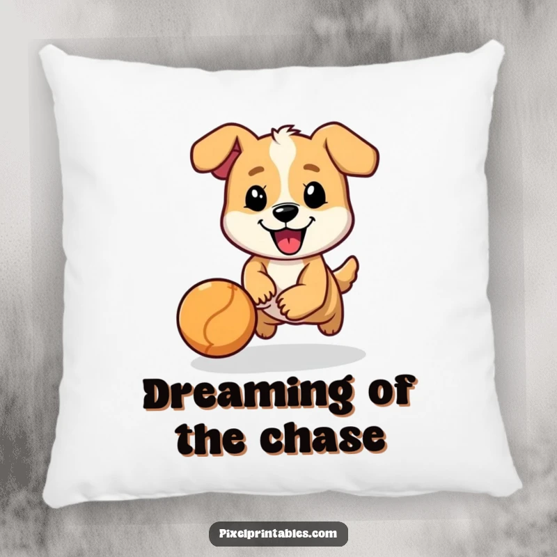 Funny pillow with a cheerful, pixelated dog character chasing a bouncing ball, adding comfort and quirky appeal.