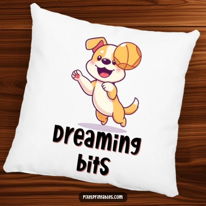 Funny pillow with a pixelated dog catching a ball, perfect for adding retro gaming flair.