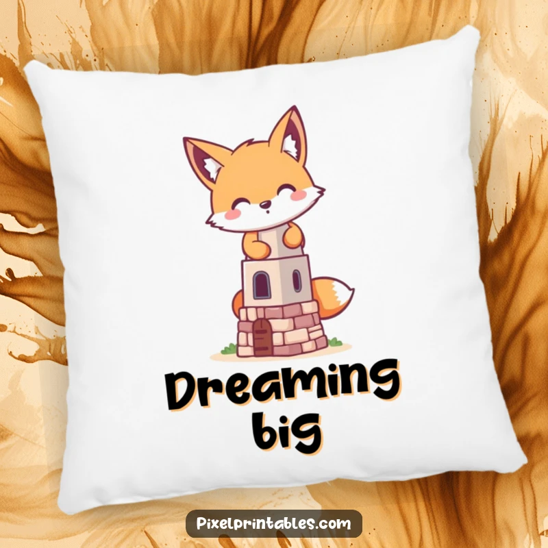 Funny pixelated fox building a tiny pixelated tower on a soft pillow, a retro gaming design for playful snuggles.